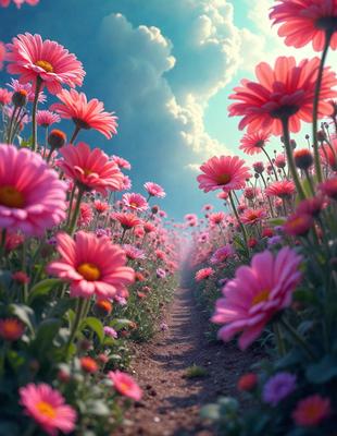 The primary subject of the image is a field of pink flowers, with a variety of different types of flowers. The setting is a cloudy sky, which adds a sense of depth and atmosphere to the scene. The visual style is a combination of photo and digital art, creating a vibrant and lively image. The dominant colors are pink and purple, giving the scene a warm and inviting mood.